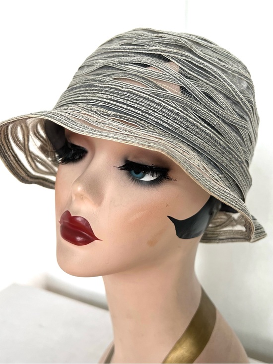 Vintage Adolfo Cloche Vtg Mesh & Ribbon Grey Retro Summer Hat Flapper main image 11